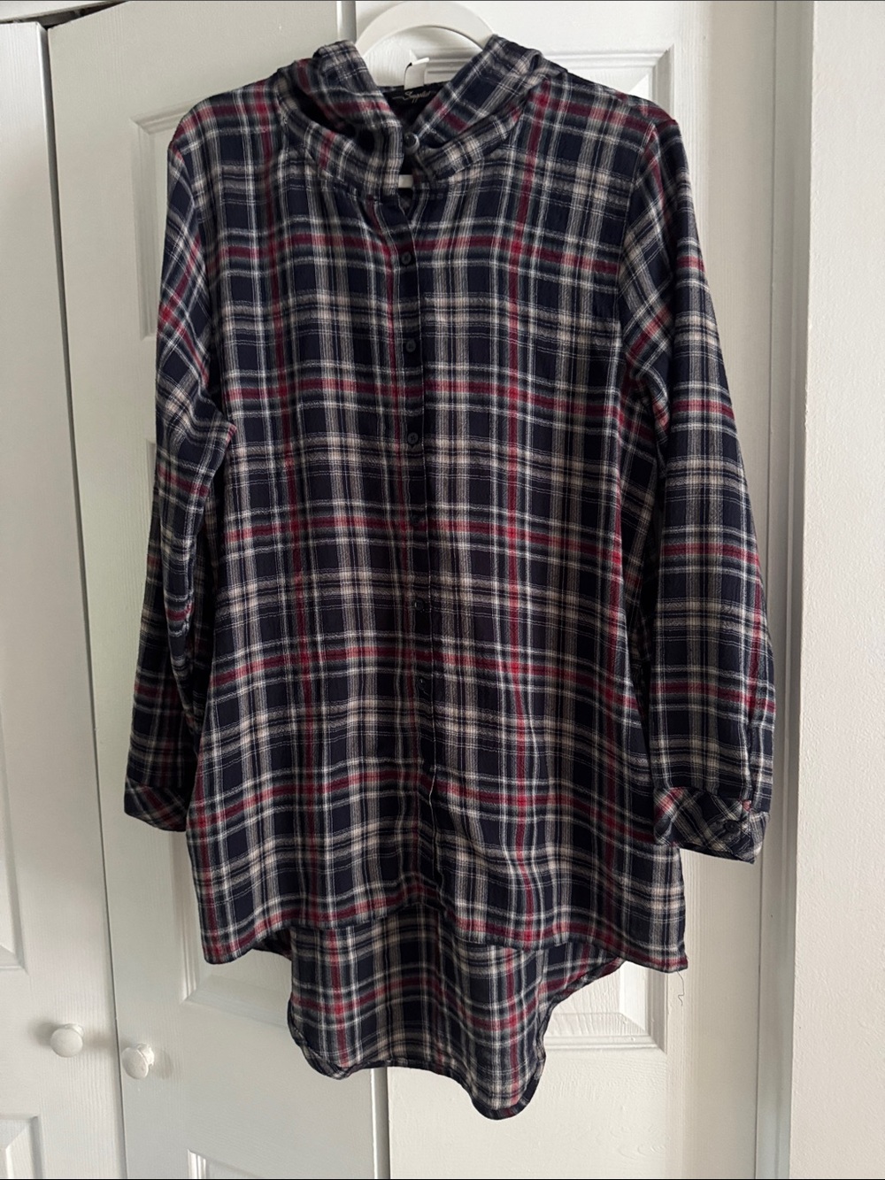 Women's Navy Plaid Button-Down Shirt with Red Accents size s